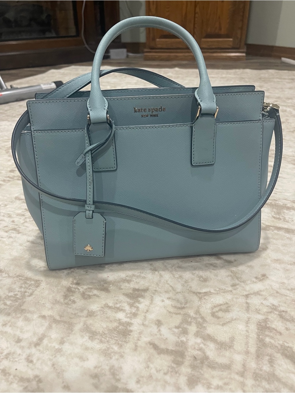 kate spade Light Blue Leather Satchel with Top Handles and Shoulder Strap